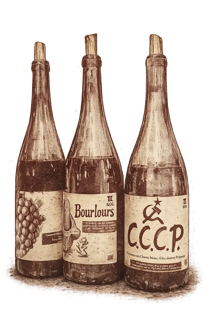 Trois bouteilles πKOL — Dolokanal, Bourlours et C.C.C.P. posées sur un fond sombre, éclairage de studio